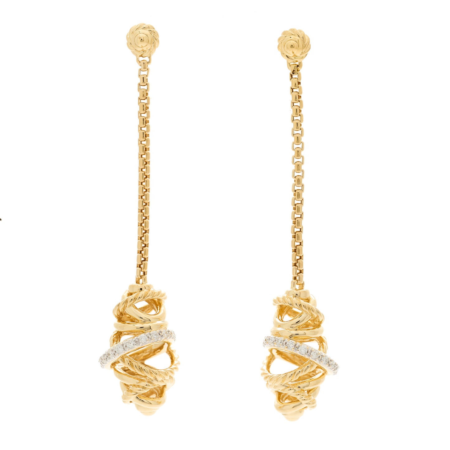 18K Yellow Gold Diamond Crossover Chain Drop Earrings