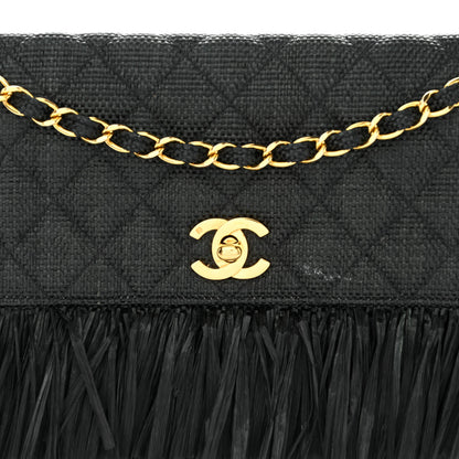Chanel Woven Raffia Quilted CC Fringe Flap Black 8 of 12