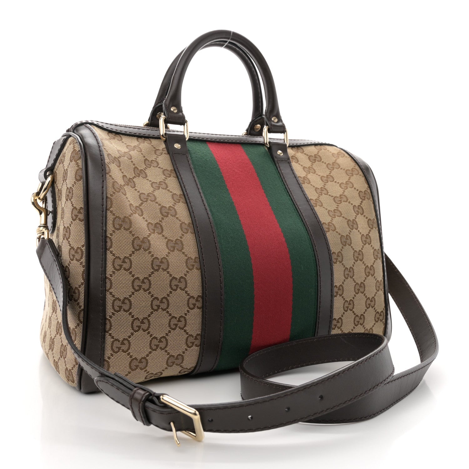 Gucci Monogram Selleria Calfskin Vintage Web Medium Boston Beige Ebony Cocoa 3 of 17
