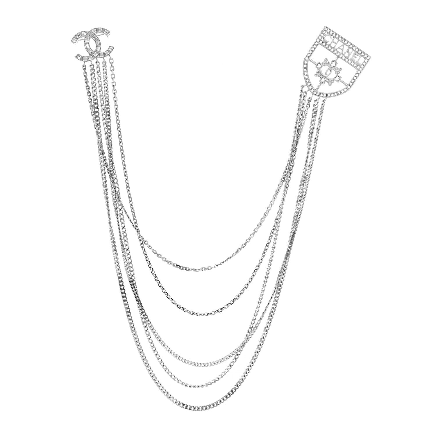 Chanel Baguette Crystal CC Shield Multi Strand Long Chain Brooch Silver 1 of 4