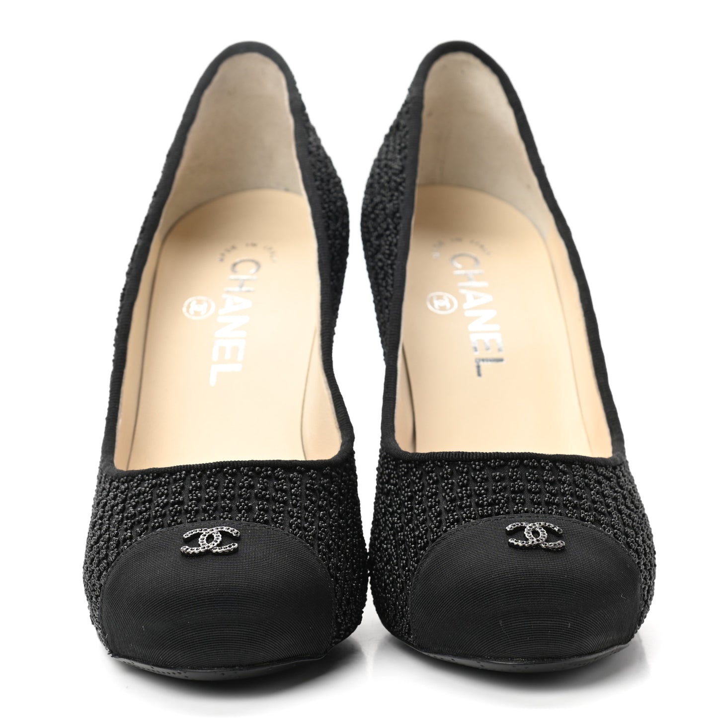 Tweed Grosgrain Beaded Cap Toe Pumps 37.5 Black