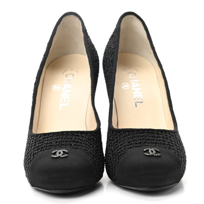Chanel Tweed Grosgrain Beaded Cap Toe Pumps 37.5 Black 2 of 9