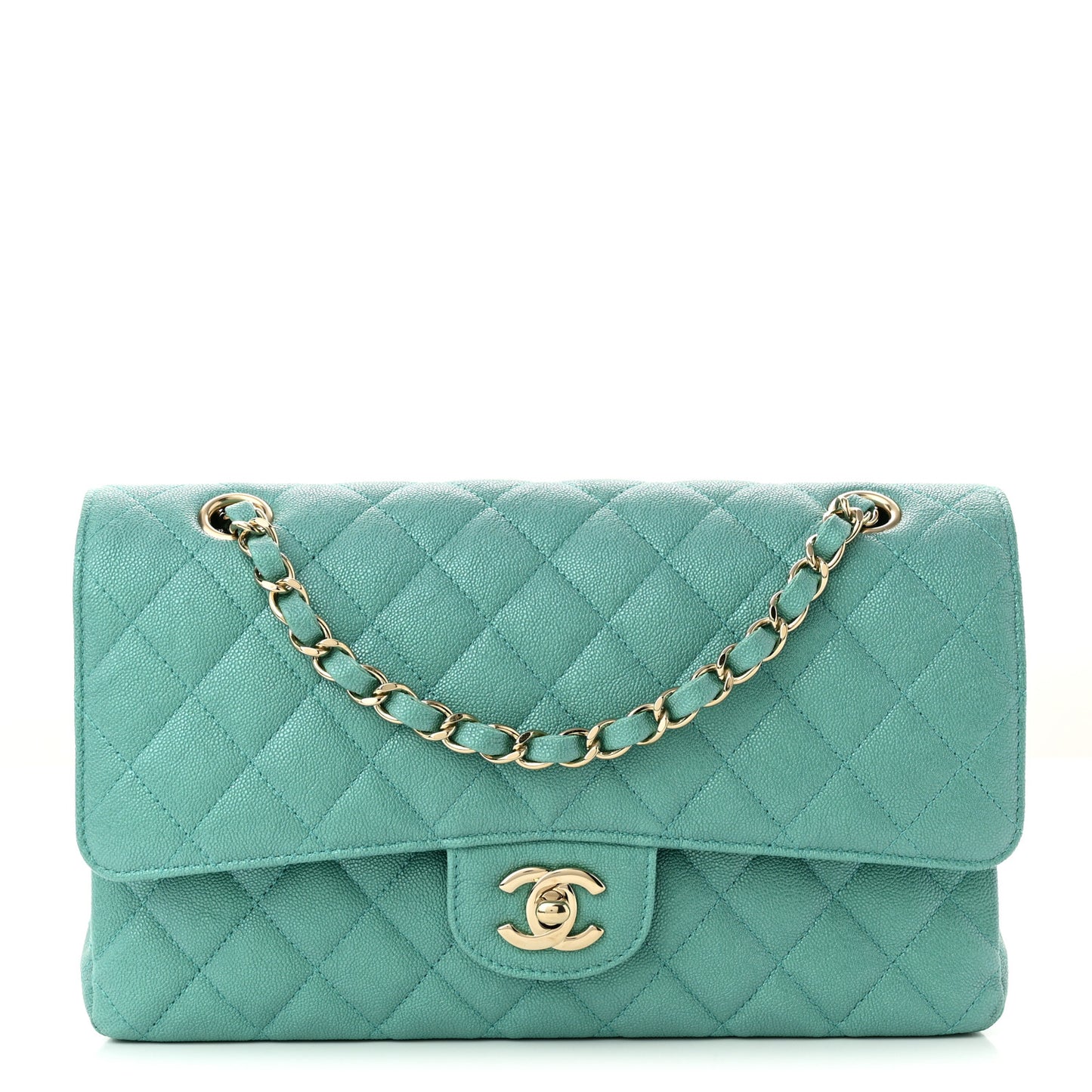 Iridescent Caviar Quilted Medium Double Flap Green