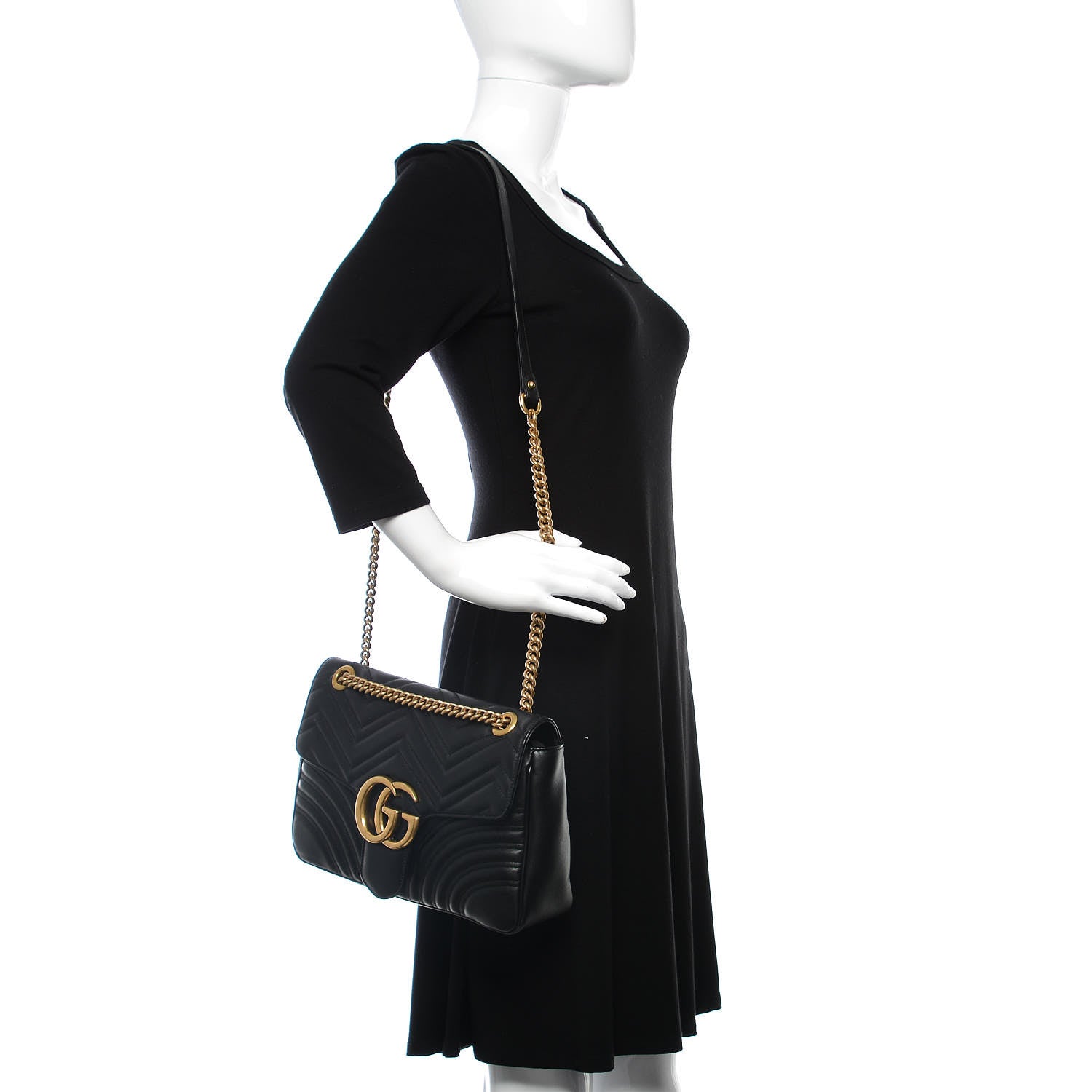 Gucci Calfskin Matelasse Medium GG Marmont Shoulder Bag Black 2 of 16