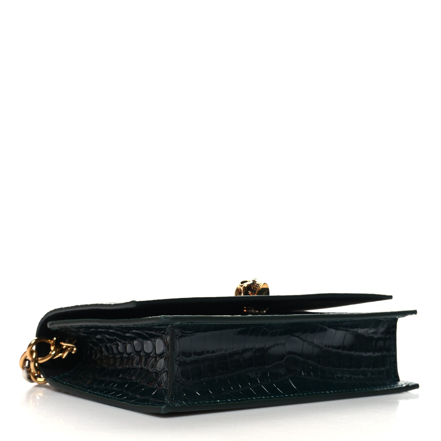 Glazed Calfskin Crocodile Embossed Small Skull Shoulder Bag Green