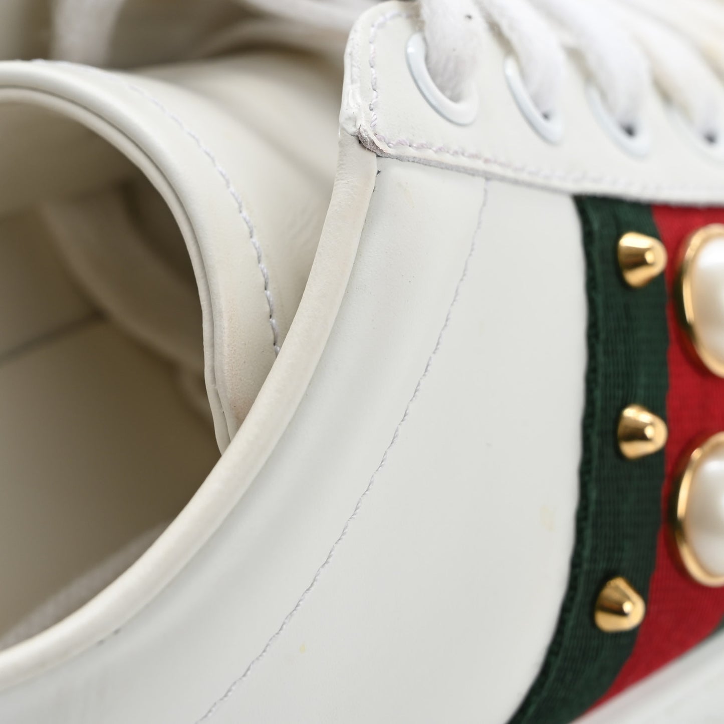 Calfskin Web Pearl Studded Womens Ace Sneakers 37 White