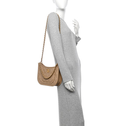 Chanel Calfskin Quilted CC Hobo Handbag Beige 2 of 11