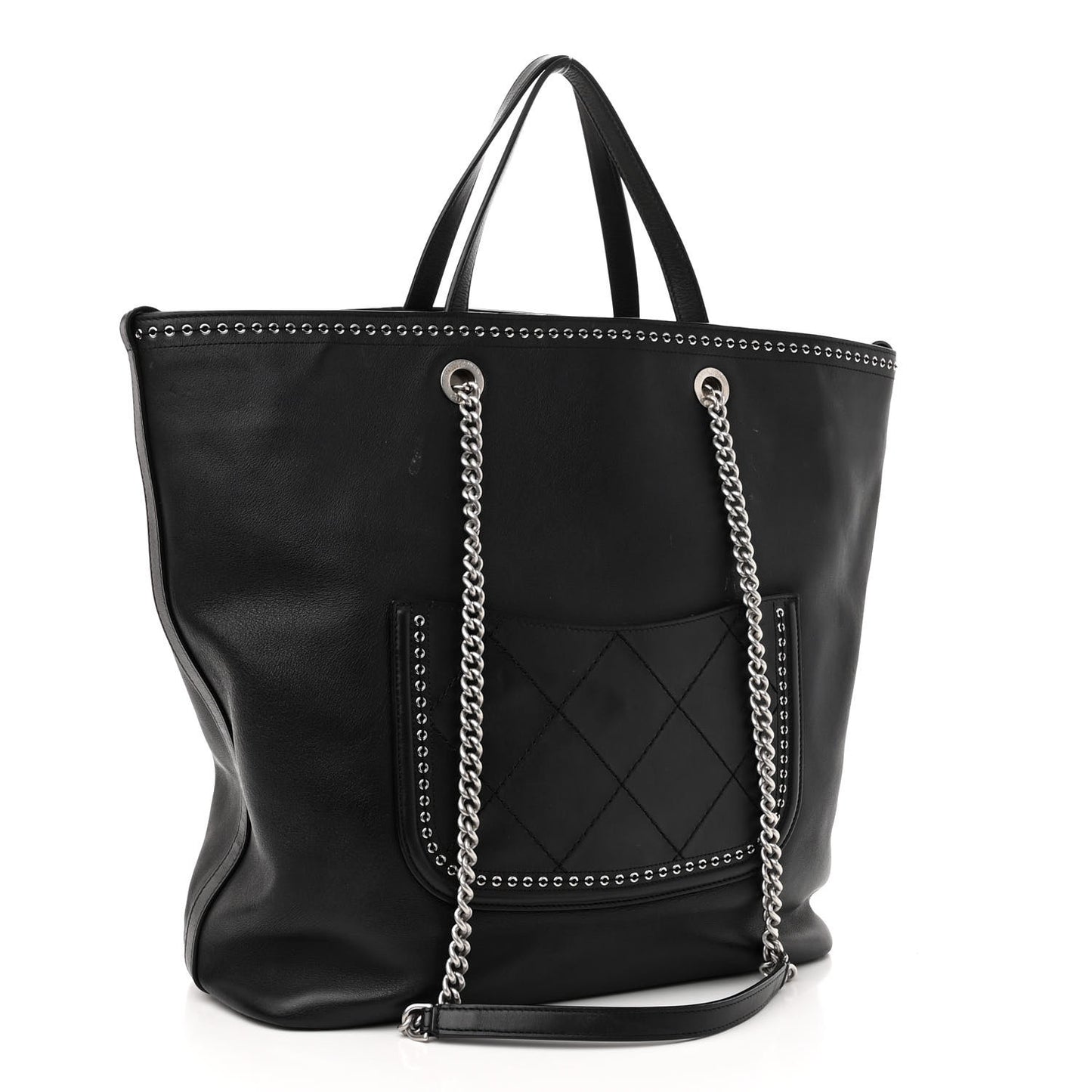 Grained Calfskin Large Coco Eyelets Shopping Tote Black