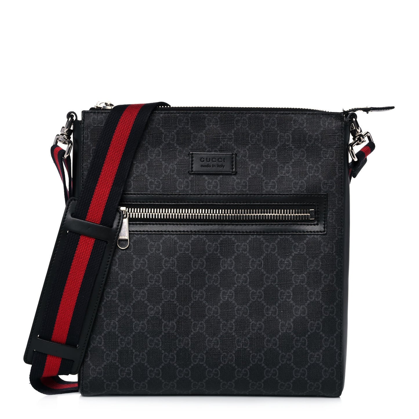 GG Supreme Monogram Appia Calfskin Web Flat Messenger Bag Black Grey
