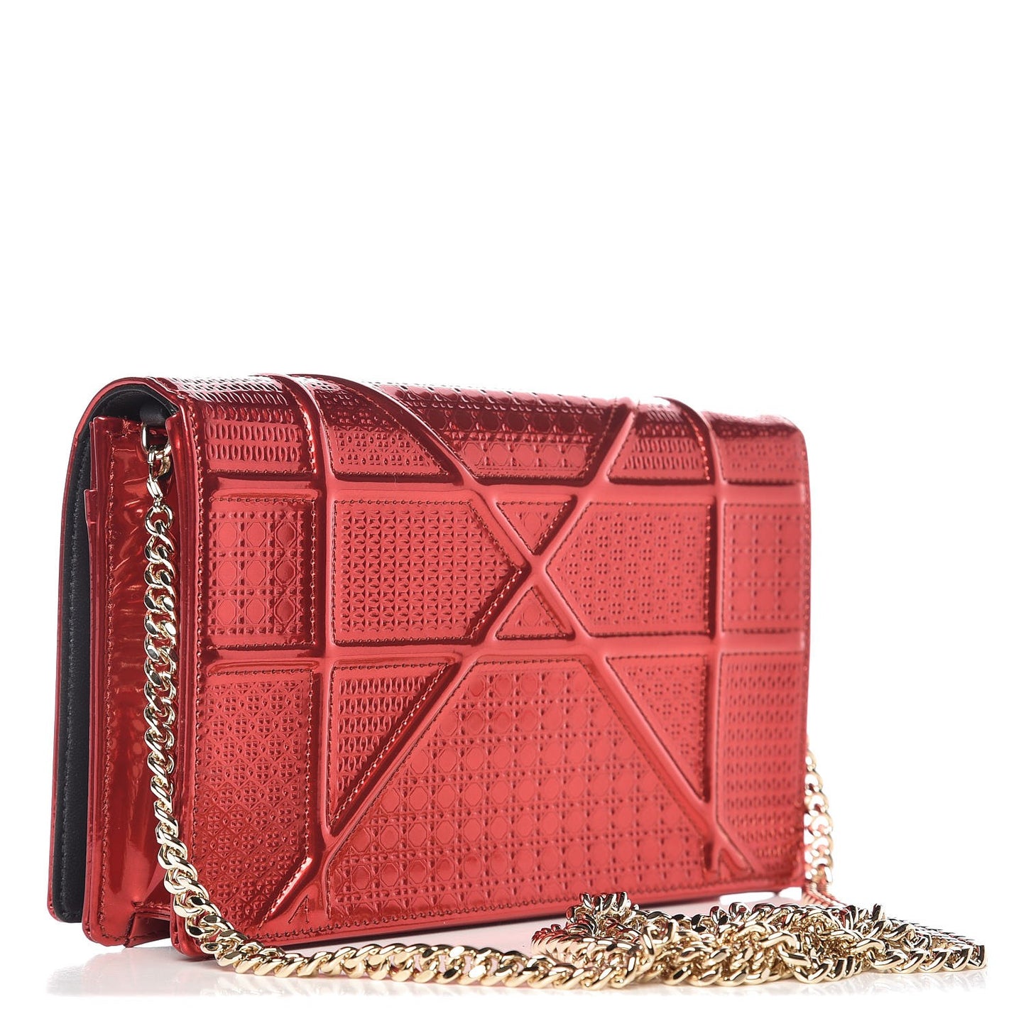 Metallic Patent Micro-Cannage Diorama Wallet on Chain Pouch Red