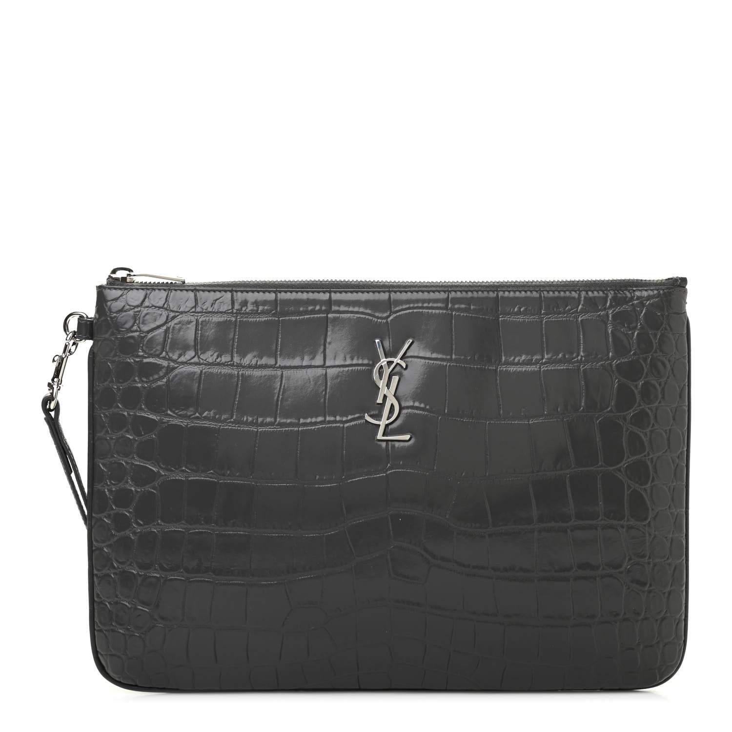 Saint Laurent Calfskin Crocodile Embossed Tablet Pouch Storm 1 of 8