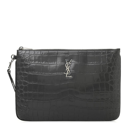 Saint Laurent Calfskin Crocodile Embossed Tablet Pouch Storm 1 of 8