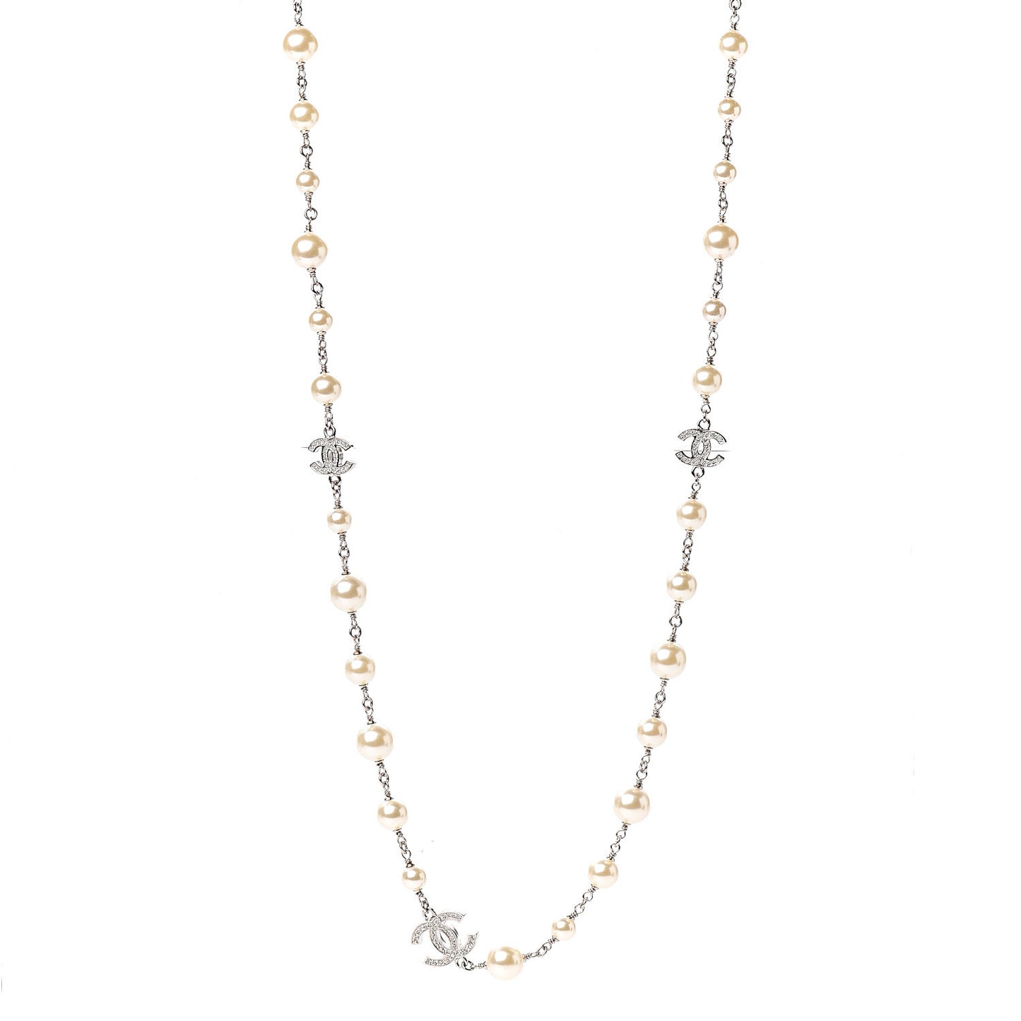 Crystal Pearl CC Long Necklace Silver