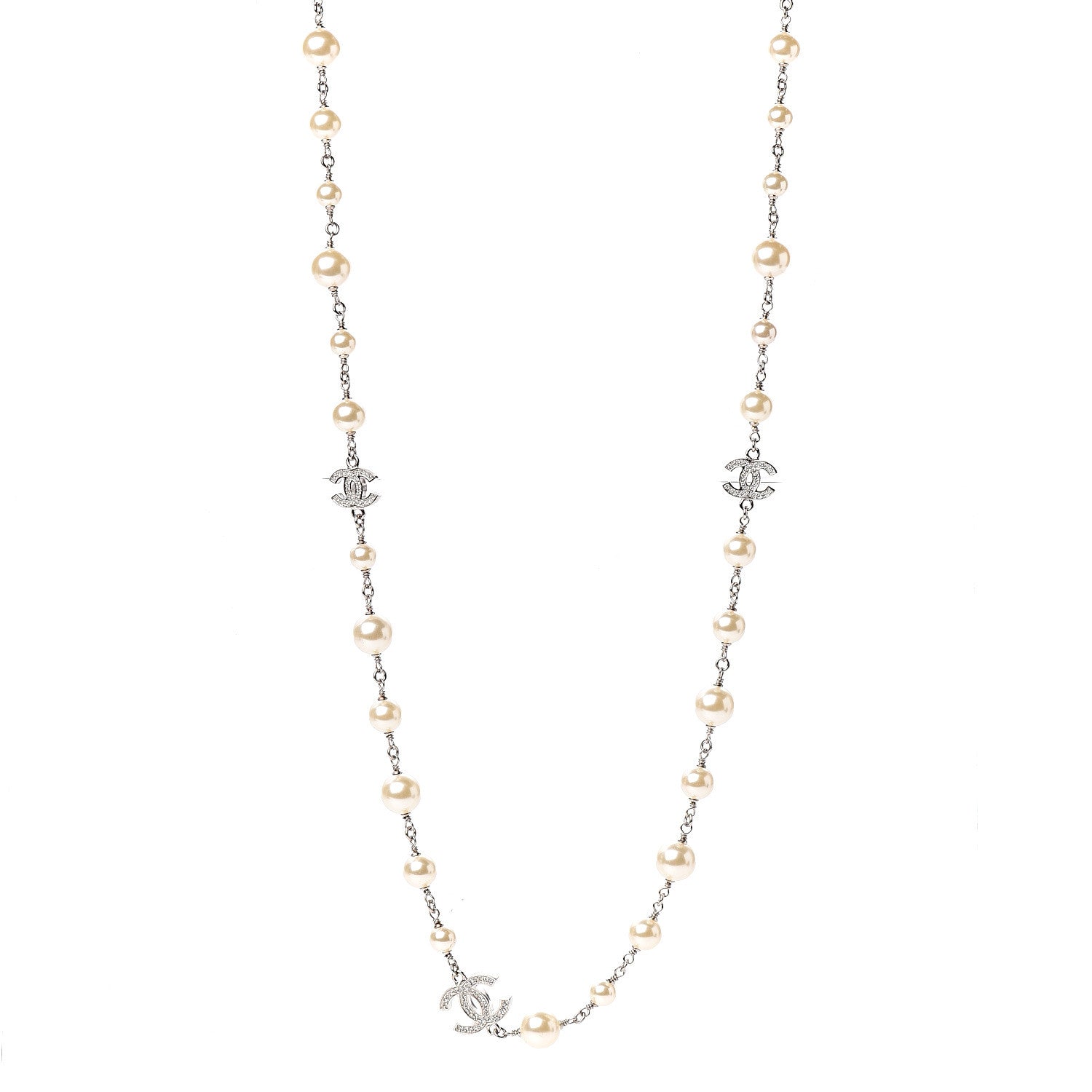 Chanel Crystal Pearl CC Long Necklace Silver 1 of 4