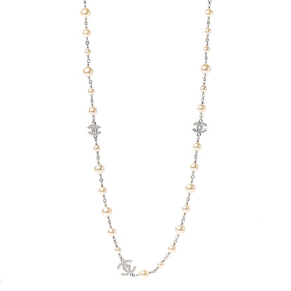 Chanel Crystal Pearl CC Long Necklace Silver 1 of 4