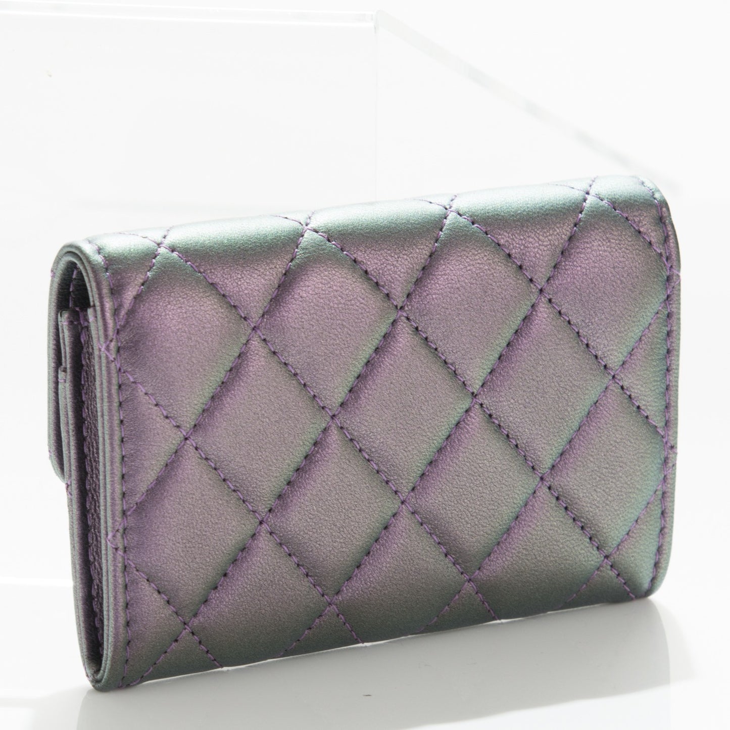 Metallic Lambskin Quilted Card Holder Dark Purple