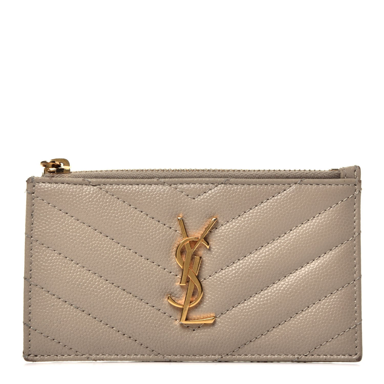Saint Laurent Grain De Poudre Matelasse Chevron Monogram Fragments Zippered Card Case Sea Salt 1 of 7