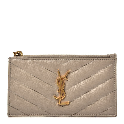 Saint Laurent Grain De Poudre Matelasse Chevron Monogram Fragments Zippered Card Case Sea Salt 1 of 7