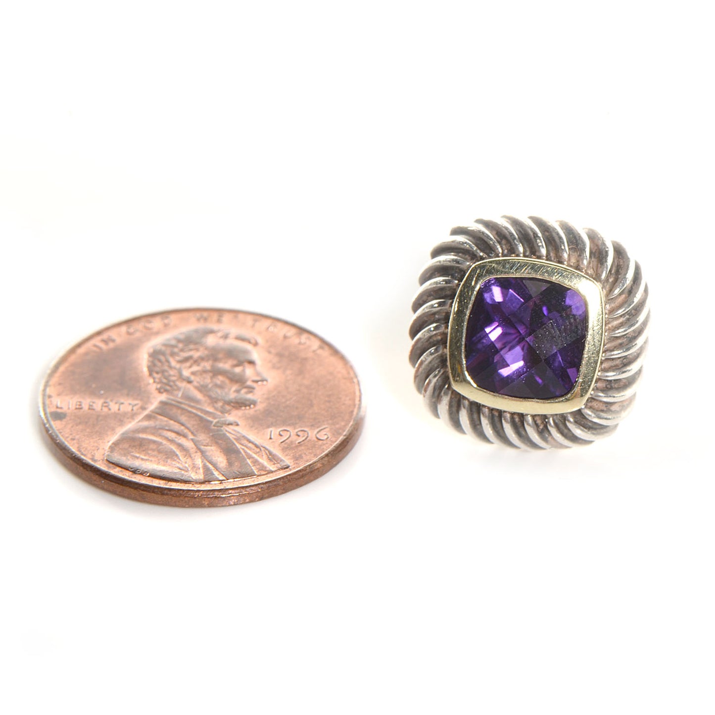 14k Yellow Gold Sterling Silver 7mm Amethyst Earrings
