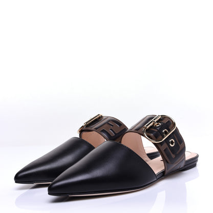Fendi Vitello FF Embossed Buckle Flat Mules 35.5 Maya Black 5 of 11