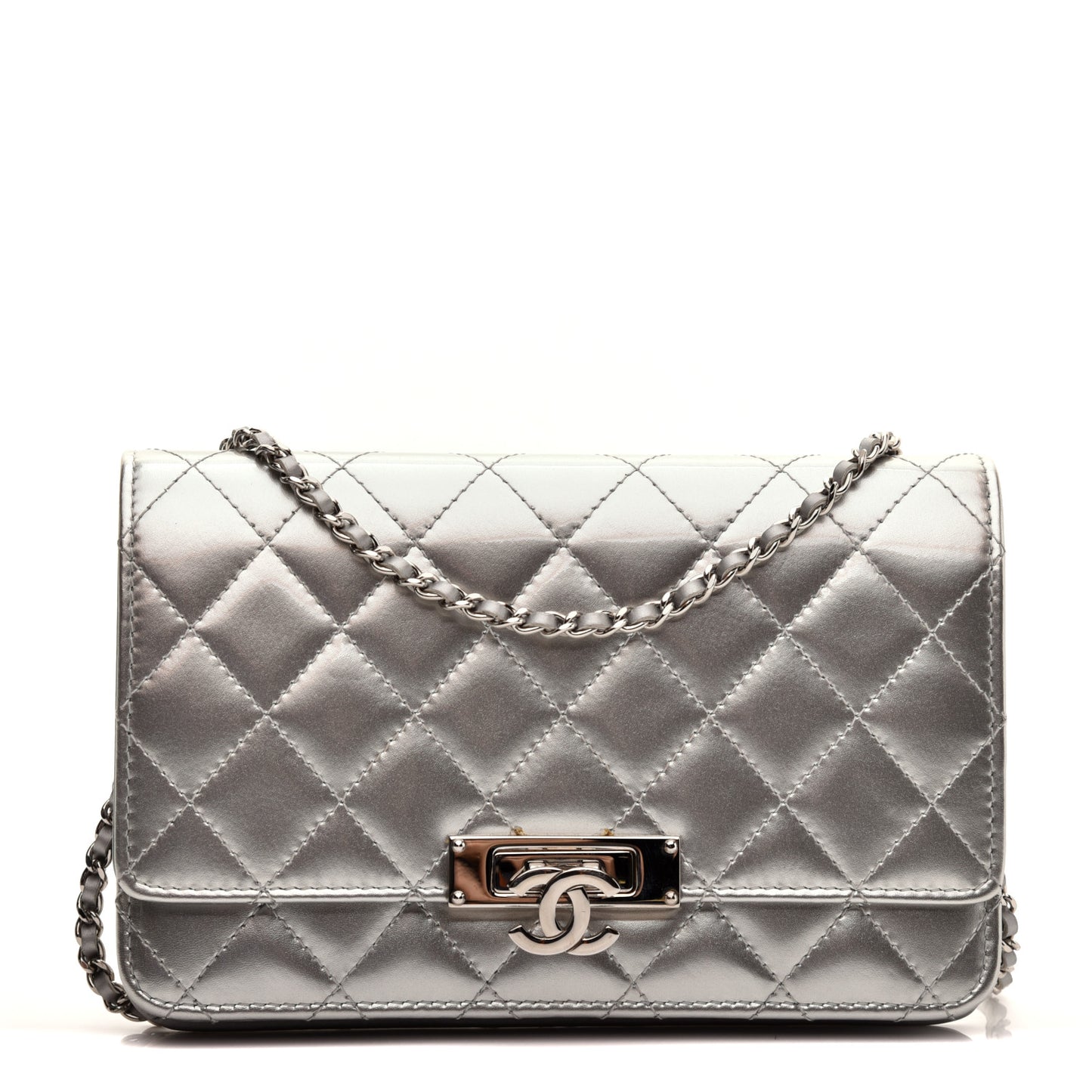 Patent Quilted Golden Class Wallet on Chain WOC Silver