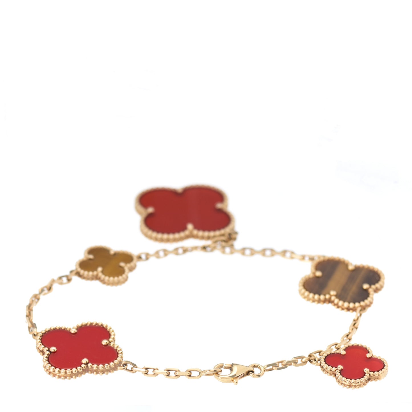 18K Yellow Gold Carnelian Tiger Eye 5 Motifs Magic Alhambra Bracelet