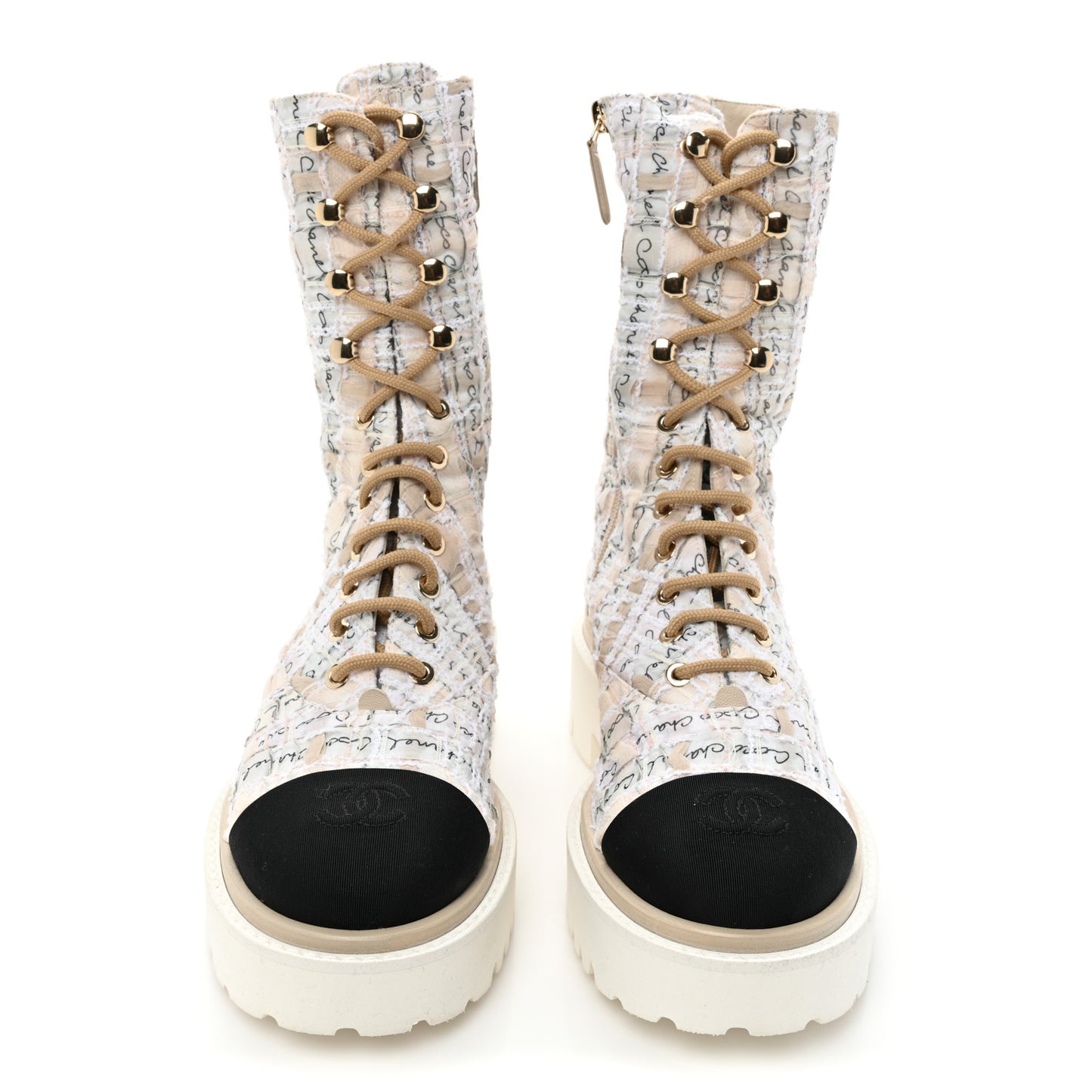 Tweed Grosgrain Cap Toe Lace Up Combat Boots 38.5 Multicolor