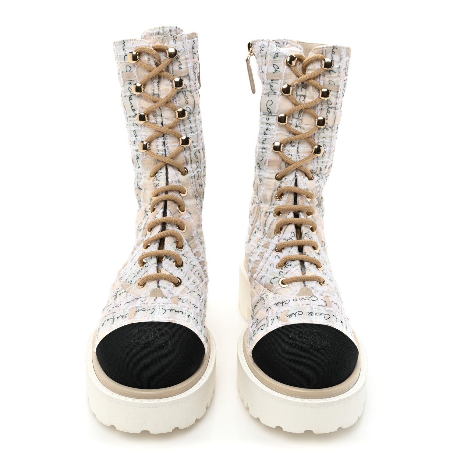 Chanel Tweed Grosgrain Cap Toe Lace Up Combat Boots 38.5 Multicolor 2 of 8