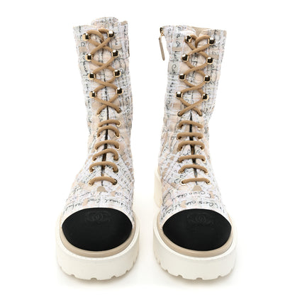 Chanel Tweed Grosgrain Cap Toe Lace Up Combat Boots 38.5 Multicolor 2 of 8