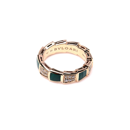 Bulgari 18K Rose Gold Diamond Malachite 6mm Serpenti Viper Band Ring 54 6.75 4 of 8
