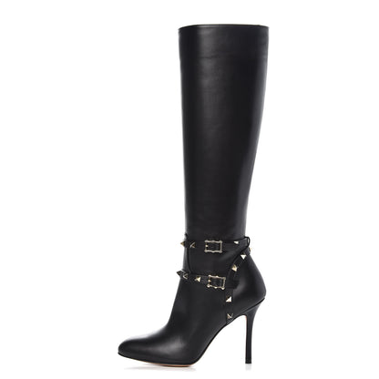 Valentino Garavani Calfskin Rockstud Knee High 100mm Boots 35.5 Black 1 of 8