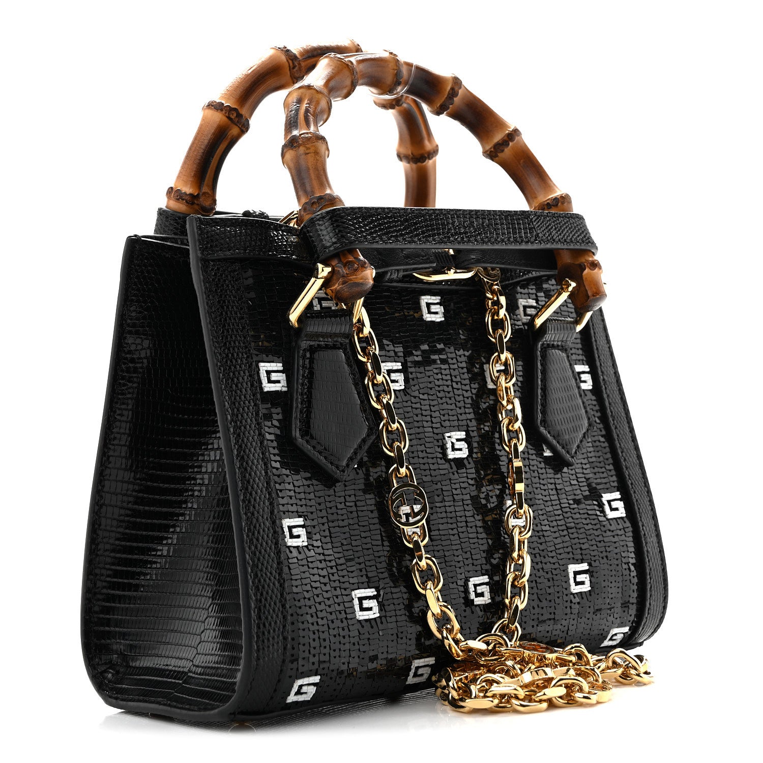 Gucci Lizard Sequin GG Monogram Mini Diana Tote Bag Black 3 of 10