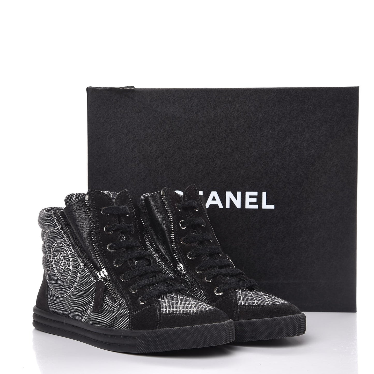 Toile Suede Calfskin CC High Top Sneakers 37.5 Dark Grey