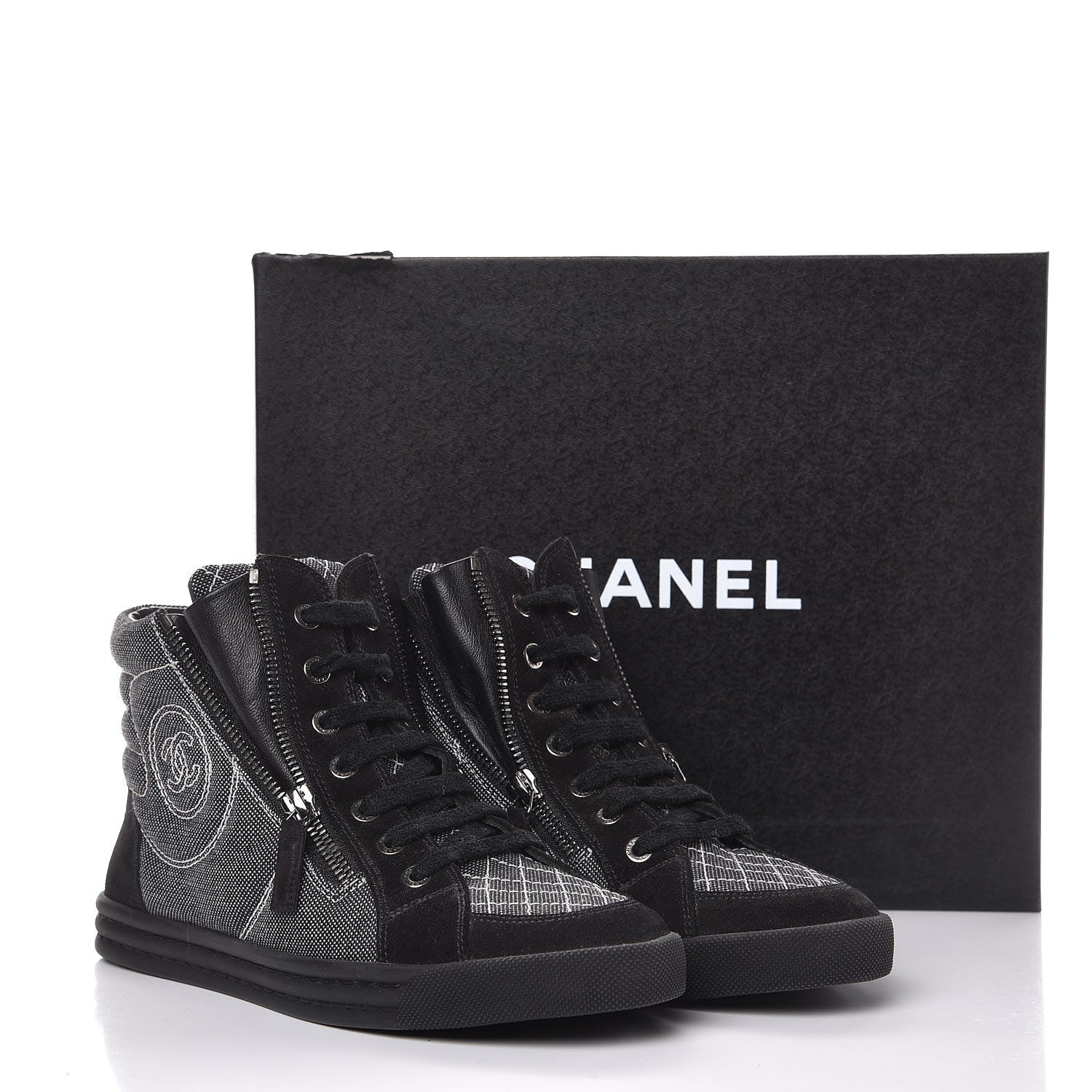 Chanel Toile Suede Calfskin CC High Top Sneakers 37.5 Dark Grey 10 of 10