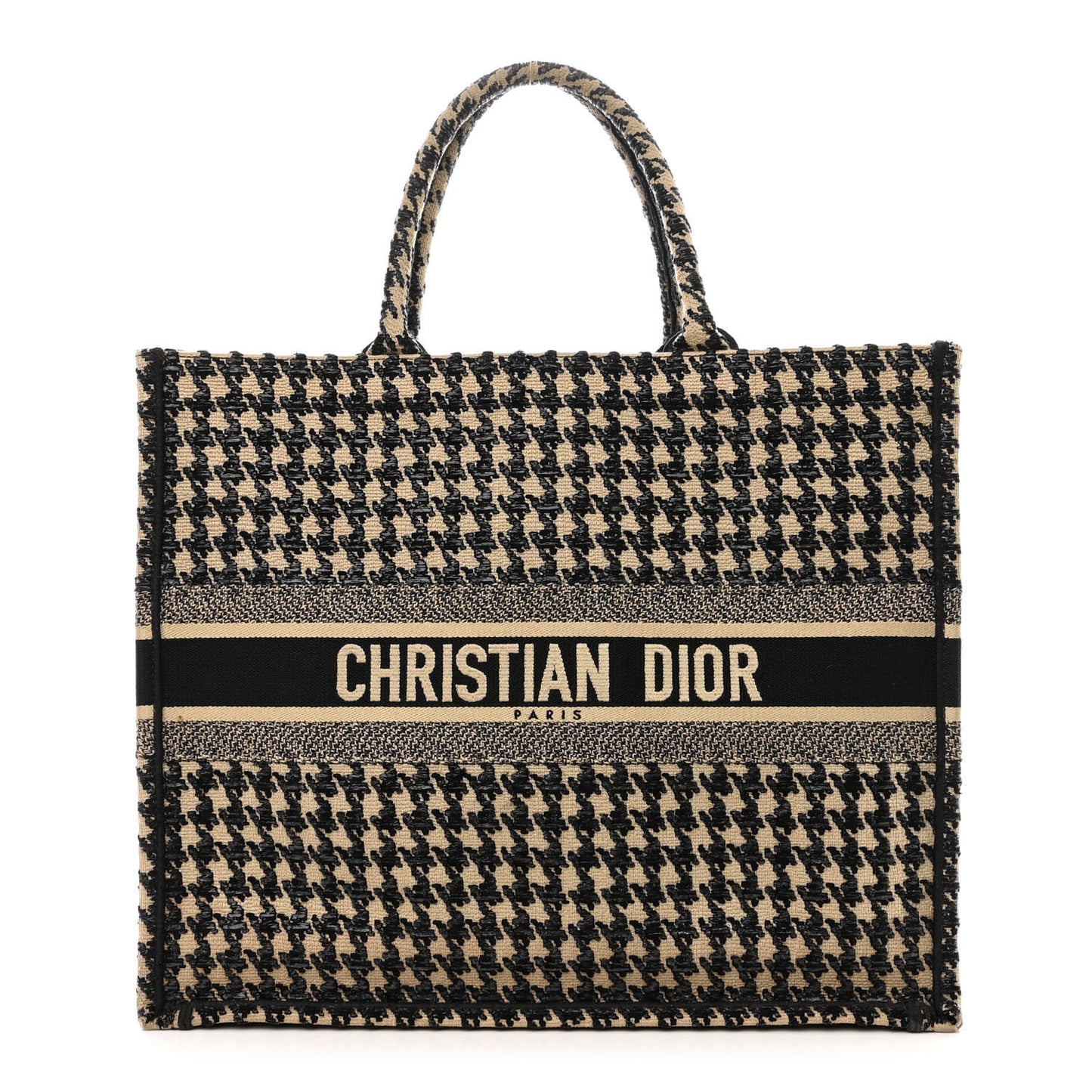 Canvas Houndstooth Embroidered Book Tote Beige Black