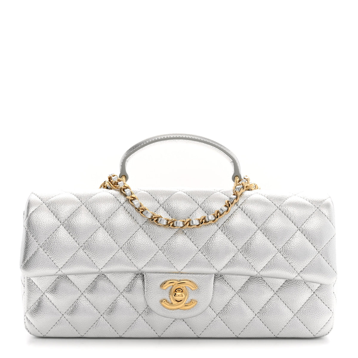 Metallic Caviar Quilted Top Handle East West Flap Silver