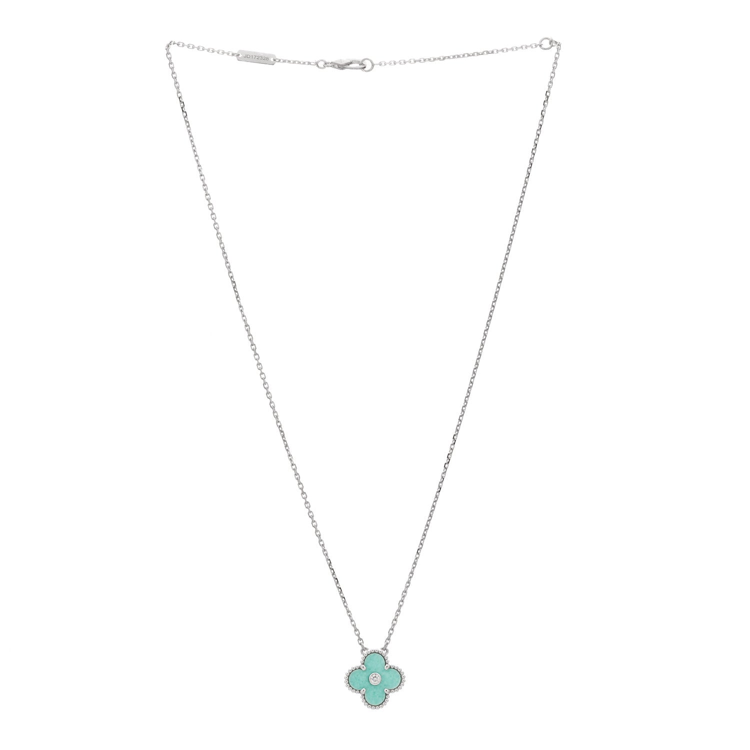 Van Cleef & Arpels 18K White Gold Diamond Celadon Green Sevres Porcelain Vintage Alhambra Pendant Necklace 3 of 3