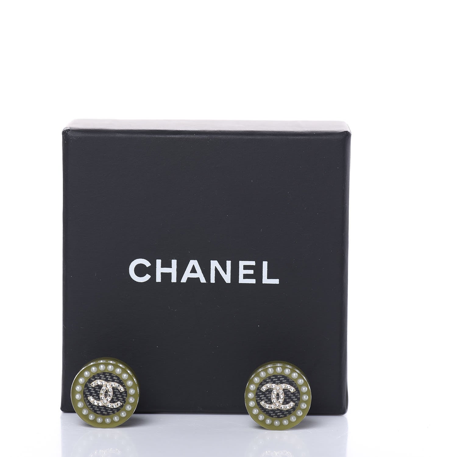 Chanel Resin Crystal Pearl CC Stud Earrings Black Green 5 of 5