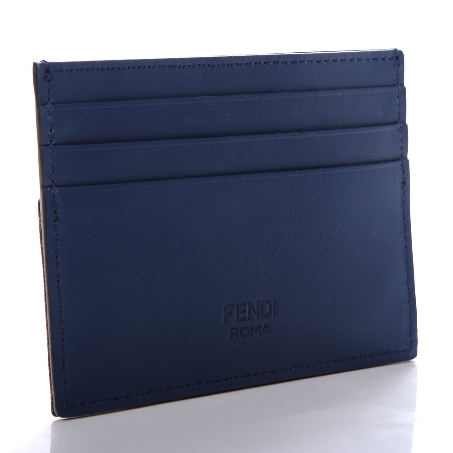 Vitello Century Glazed Fabric FF 1974 Card Holder Blu Scuro Mogano Panna