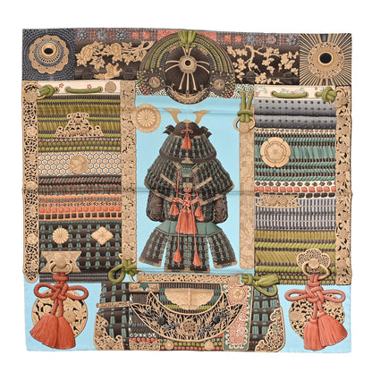 Hermes Silk Parures de Samourais Scarf 90 Bleu Ciel Vert Marron 1 of 4