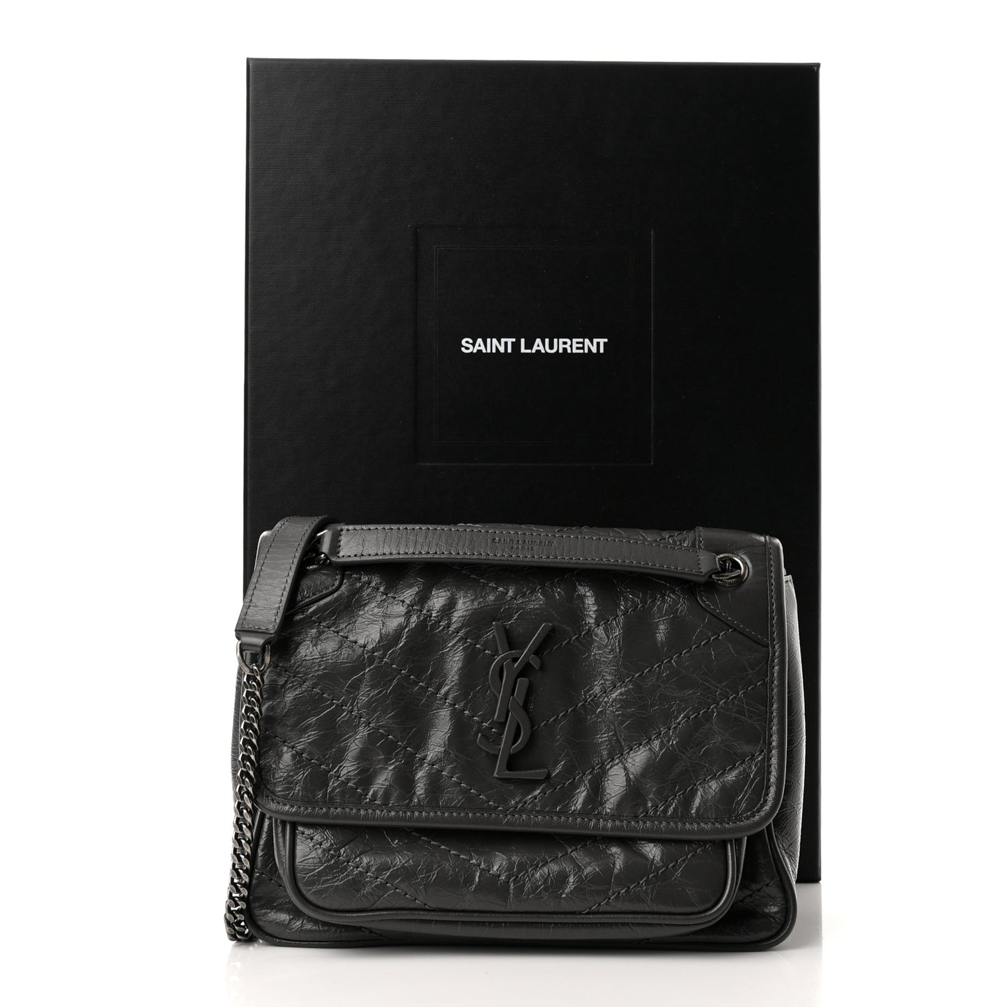 Crinkled Calfskin Matelasse Monogram Baby Niki Chain Satchel Storm