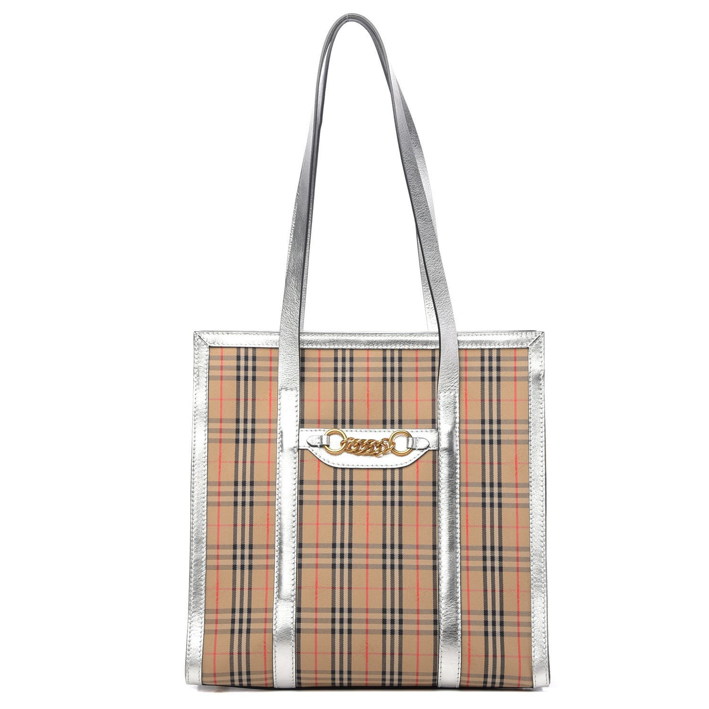 Metallic Calfskin Medium 1983 Knight Check Link Tote Silver