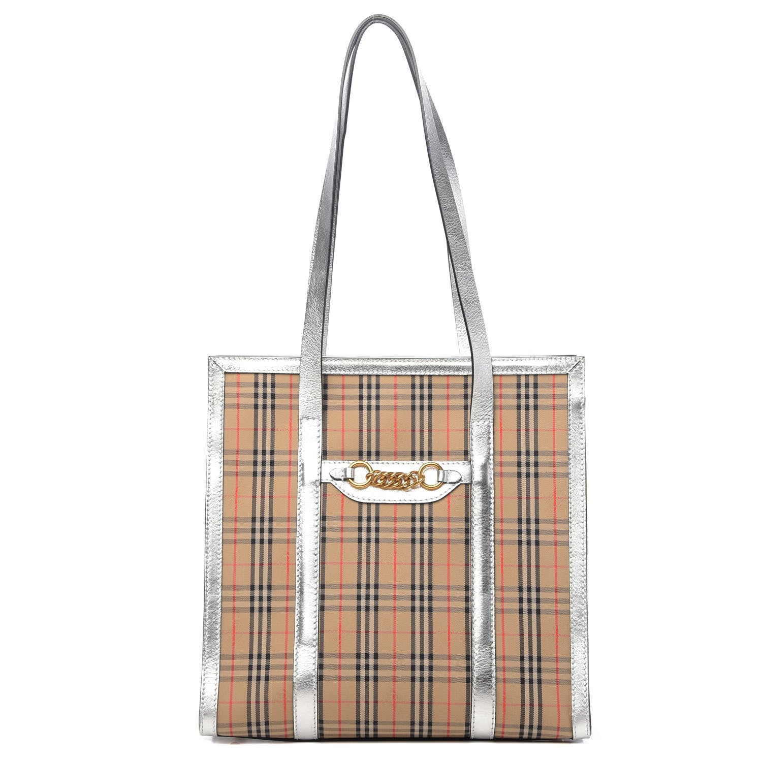 Burberry Metallic Calfskin Medium 1983 Knight Check Link Tote Silver 1 of 9