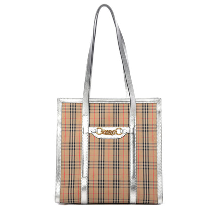 Burberry Metallic Calfskin Medium 1983 Knight Check Link Tote Silver 1 of 9