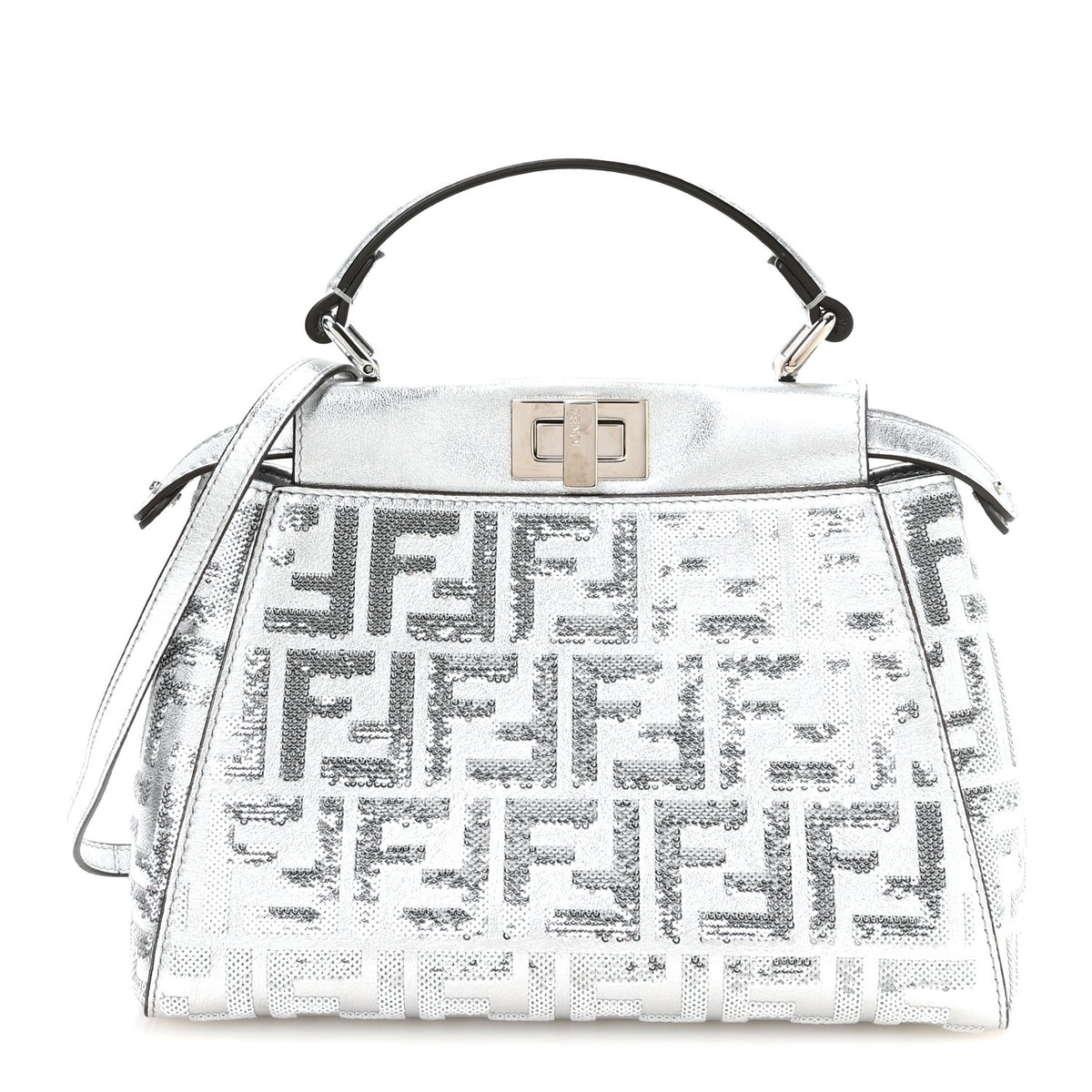Vitello Catalan Mirror Sequin FF 1974 Embroidered Mini Peekaboo Iconic Satchel Argento