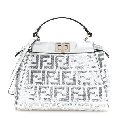 Fendi Vitello Catalan Mirror Sequin FF 1974 Embroidered Mini Peekaboo Iconic Satchel Argento 1 of 11
