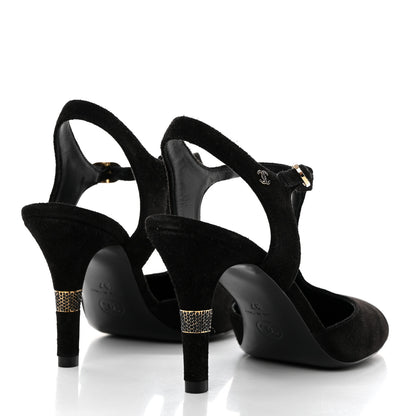 Chanel Suede Lambskin Cap Toe Crystal Slingback Pumps 37 Black 4 of 9
