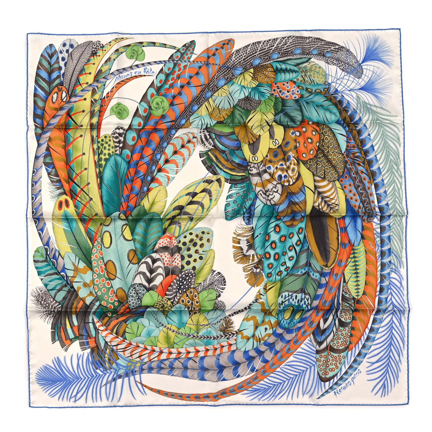 Hermes Silk Plumes En Fete Scarf 90 Blanc Turquoise Multicolor 1 of 3