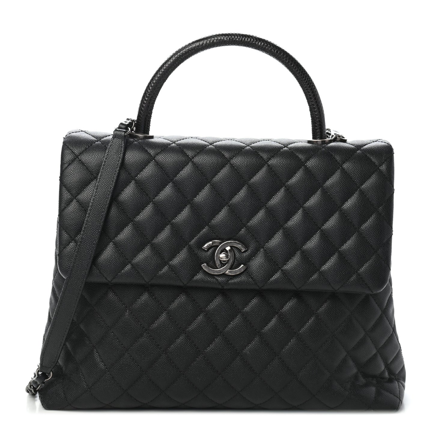 Caviar Lizard Quilted Large Coco Handle Flap Black