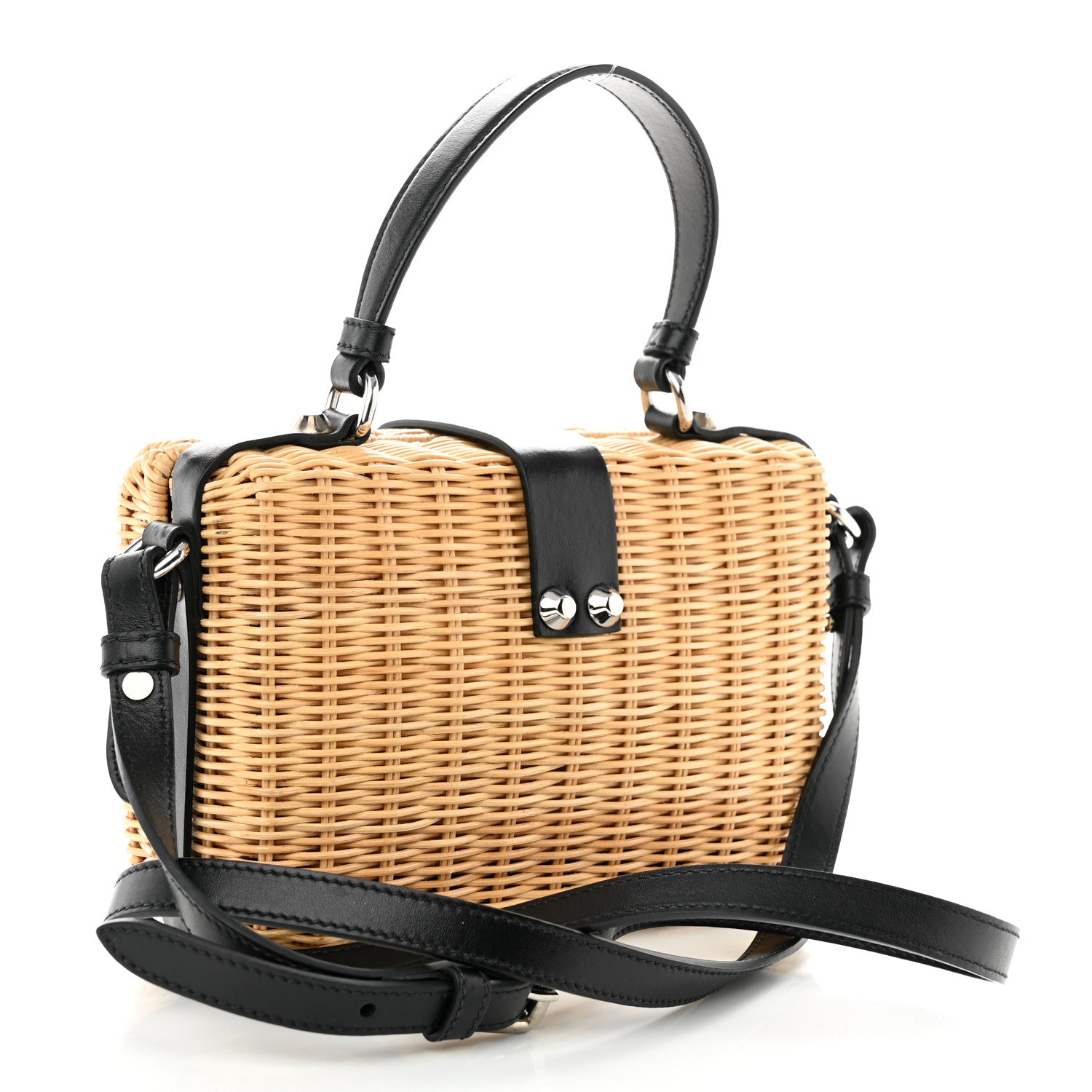 Prada Wicker Top Handle Shoulder Bag Naturale Black 3 of 9